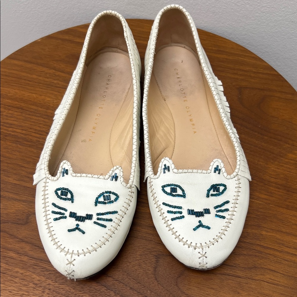 Charlotte Olympia Cream Cat Embroidered Flats